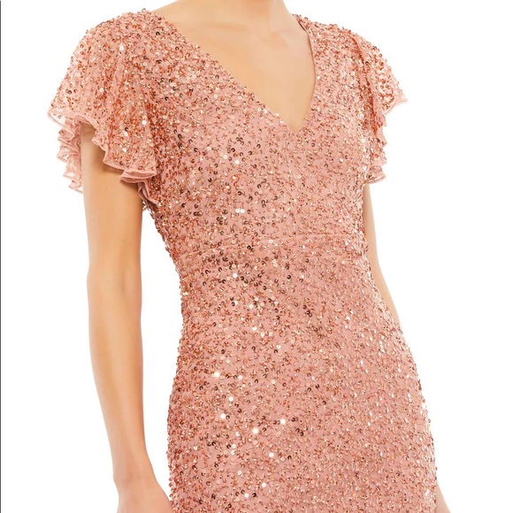 Mac Duggal Sequined V-Neck Flutter Sleeve Dress, size 2.   
Color: Rose Gold - Picture 8 of 8